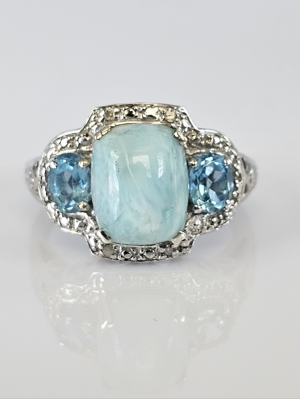 Genuine Larimar & Swiss Blue Topaz Ring Sterling Silver Platinum Finish Size 7!
